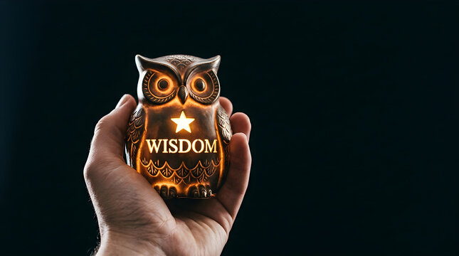 Hand holding a glowing owl figurine with the word wisdom