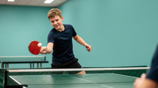 Teen boy playing table tennis with a smile in indoor sports facility  