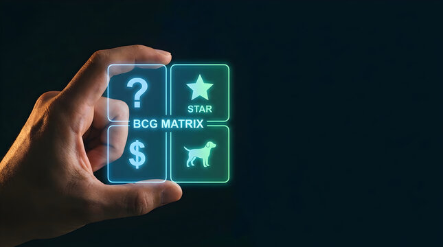 Hand holding a holographic bcg matrix icon against a dark background