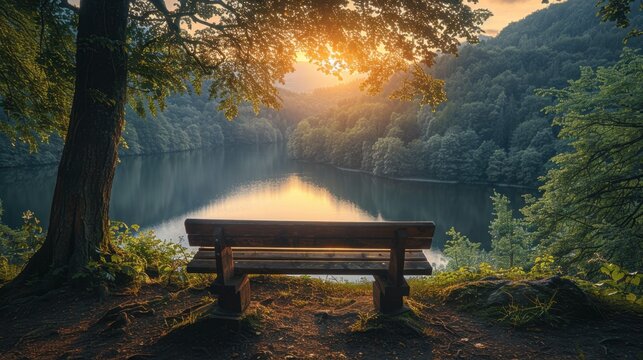 Wooden bench under a tree surrounded by nature