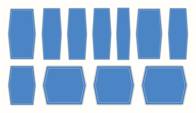 Blue hexagonal and trapezoid geometric label frames for modern product design.