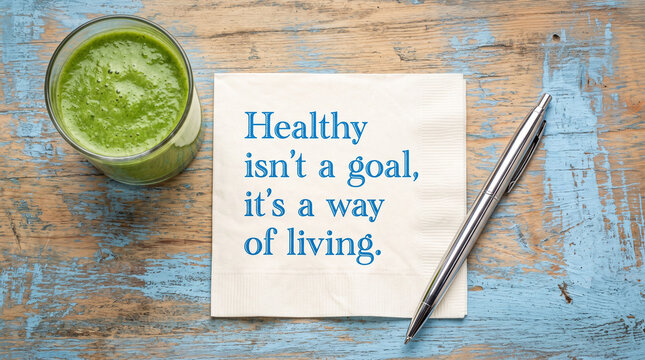 Healthy lifestyle concept with a green smoothie, a pen, and a motivational quote on a napkin placed on a rustic wooden table