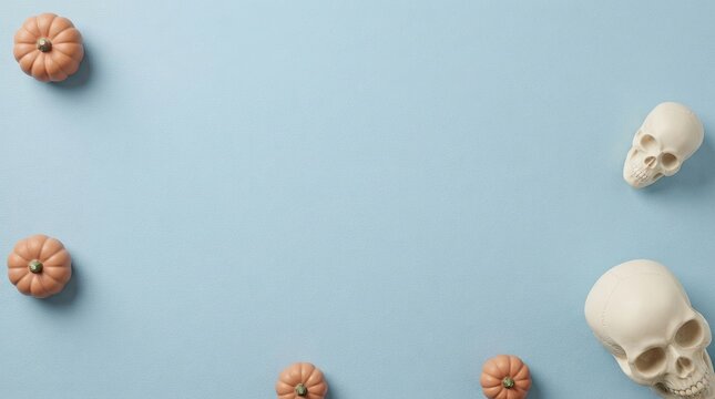 Small orange pumpkins and human skulls on a light blue background