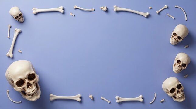 Human skulls and bones arranged as a frame on a blue background