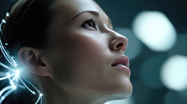 Future Visionary: A woman's profile showcases a thoughtful gaze, illuminated by the soft glow of advanced technology, suggesting innovation and forward thinking.