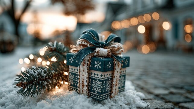 A festive gift box with a bow nestled in snow beside a pine branch under warm bokeh lights.