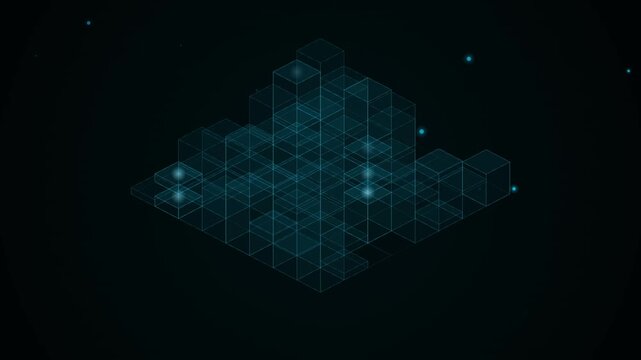 Modern technology background featuring a looping isometric grid of glowing blue cubes.