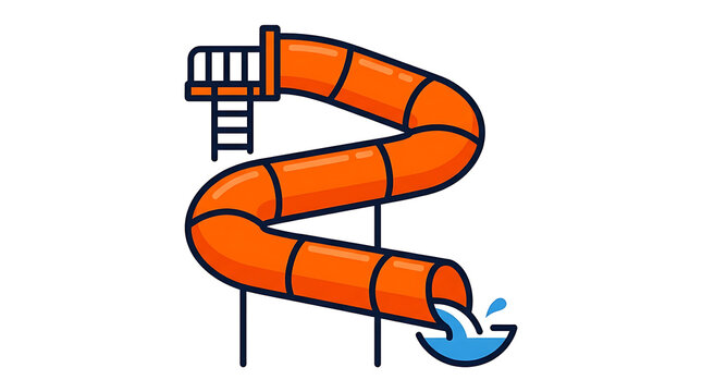 Orange twisting waterslide structure with water splashing at the bottom