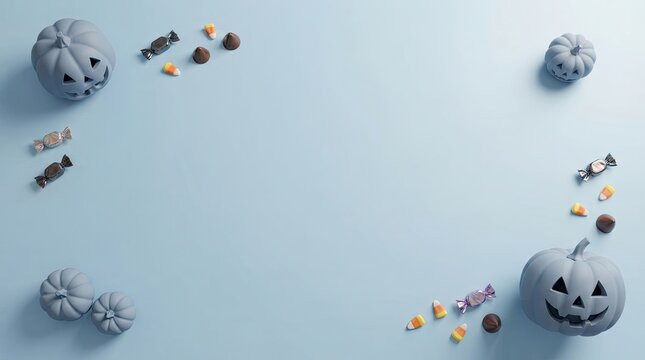 Grey halloween pumpkins and assorted candy on a light blue background