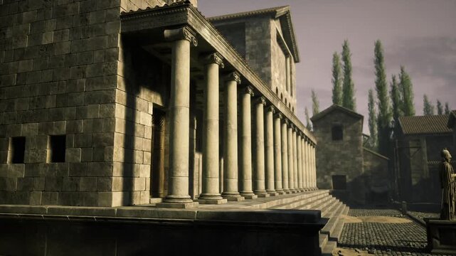 Dusk lit Antioch colonnade and statue, empty forum street under purple sky with tall cypress silhouettes, worn stone steps and textured masonry, soft long