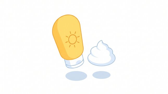 Isometric illustration of a yellow sunscreen squeeze bottle next to a floating white lotion dollop