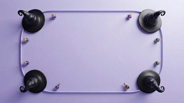 Black witch hats and magic potion bottles on a purple background