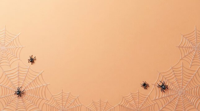 Black spiders on orange spider webs for a halloween background frame