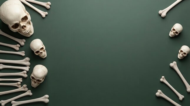Human skulls and bones arranged as a frame on a dark grey background