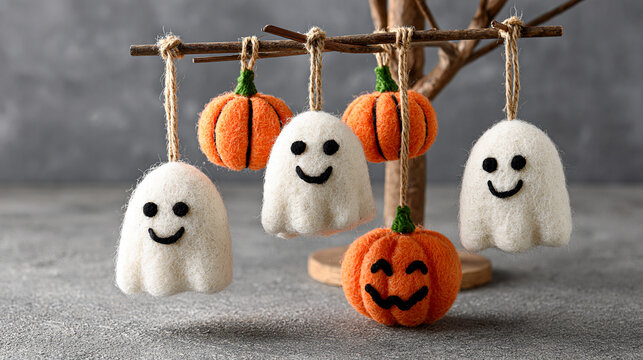 Handmade felt halloween ornaments of white ghosts and orange pumpkins hanging on a branch