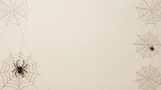 Spooky black spiders and cobwebs on a light beige background border