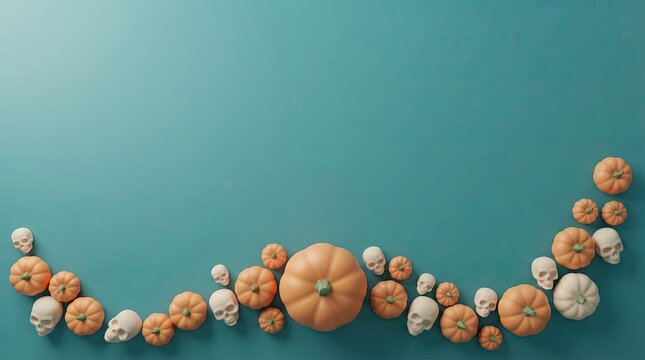 Small orange pumpkins and white skulls border on a teal blue background