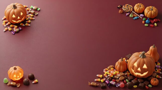 Halloween pumpkins and sweet candies on a dark purple background