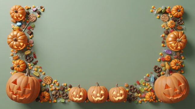 Halloween pumpkin border with candy isolated on white background