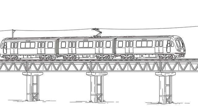 Modern passenger train on elevated tracks white background.