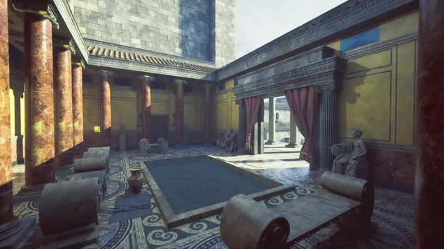 Sunlit Alexandria courtyard with marble columns, mosaic rug and carved statues warm golden light, long soft shadows across patterned floor, textured plaster