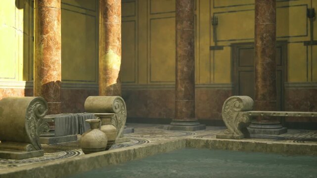 Close view of marble column by pool edge with warm sunlight highlighting textured stone and delicate mosaic trim, subtle water reflection and aged patina, ideal