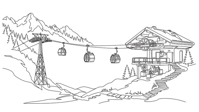 Mountain ski resort with gondolas white background.