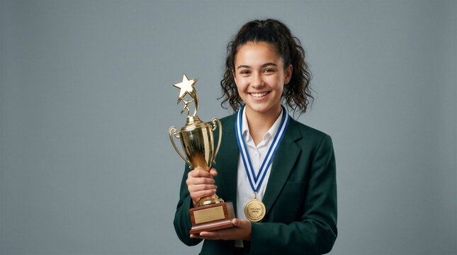 Teenager holding a trophy and medal with a cheerful expression  