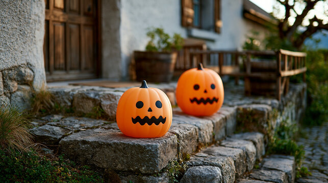 Two carved halloween jack o lantern pumpkins sitting on stone steps outside house