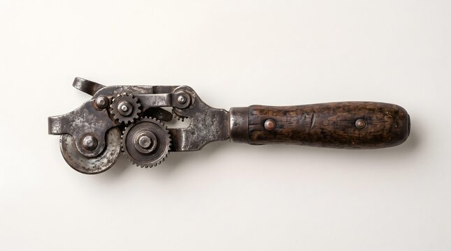 Vintage Hand Crank Can Opener with Wooden Handle Isolated on White Background