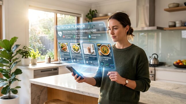 Using a mobile phone and AI to receive instant, personalized dietary recommendations and meal plans based on real-time health data and biometric goals.
