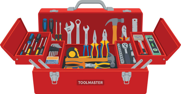 Open red metal toolbox filled with various professional construction tools and equipment isolated on white background