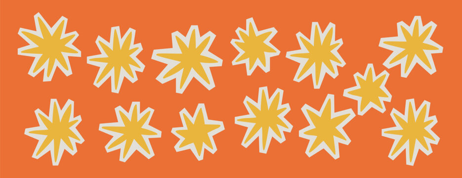 Hand drawn starburst clipart collection in retro doodle style. Colorful abstract star shapes for stickers, branding, scrapbooking, and creative design projects.