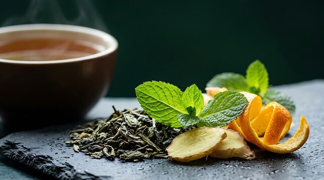 Natural weight loss tea served hot with fresh peppermint leaves ginger root and orange zest for a healthy detox morning routine on a dark background