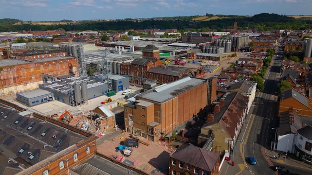 Aerial view of industrial brewery plant redevelopment and construction site