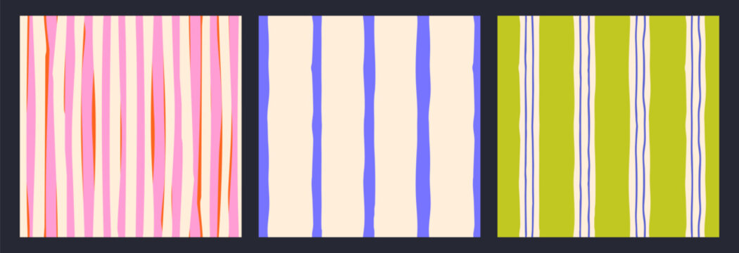 Set of seamless abstract stripe patterns with hand-drawn vertical lines. Modern decorative vector backgrounds with irregular organic stripes in soft colors. Suitable for textile, packaging, wallpaper,