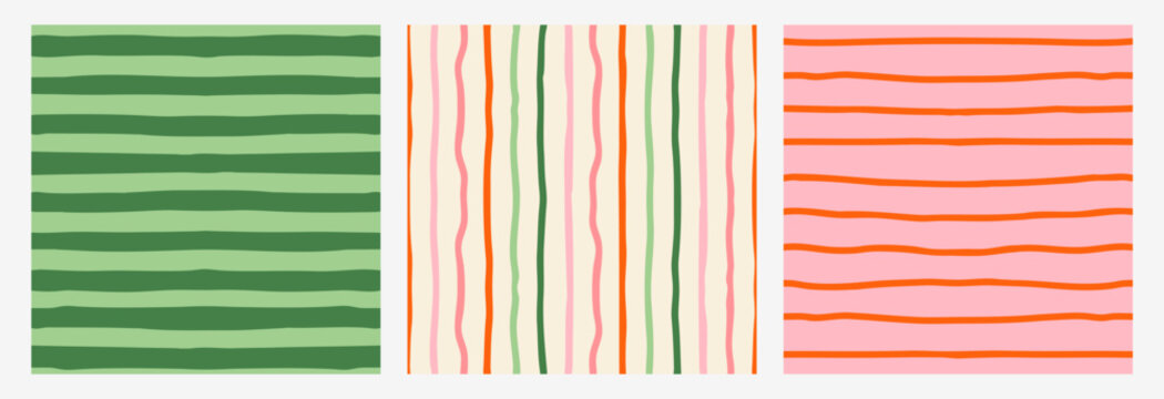 Set of seamless abstract stripe patterns with hand-drawn vertical lines. Modern decorative vector backgrounds with irregular organic stripes in soft colors. Suitable for textile, packaging, wallpaper,