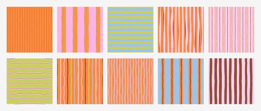 Set of seamless abstract stripe patterns with hand-drawn vertical lines. Modern decorative vector backgrounds with irregular organic stripes in soft colors. Suitable for textile, packaging, wallpaper,