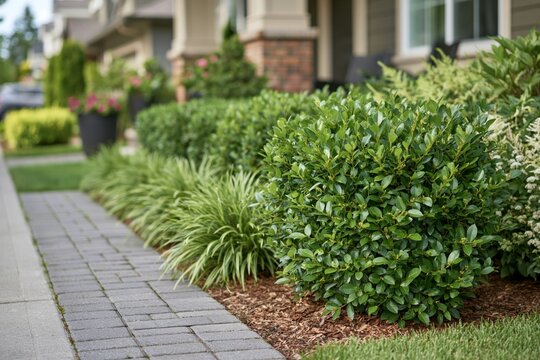 Residential landscaping and garden design green shrubs and plants along a paved walkway in a suburban neighborhood