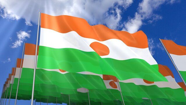 Multiple Niger flags waving on blue sky