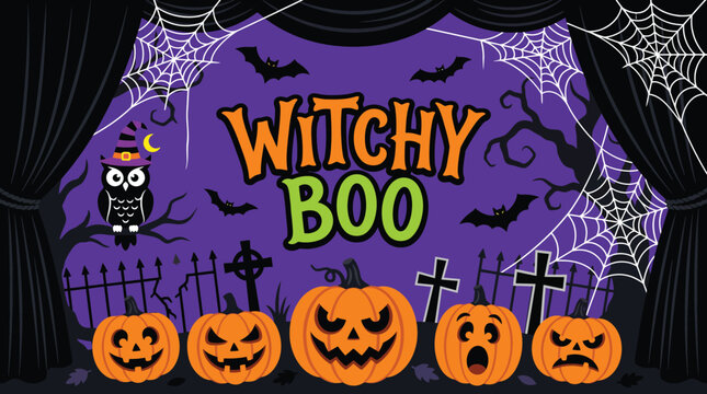 A festive halloween background featuring a purple night sky with bats owls pumpkins and a spooky graveyard for holiday party decorations