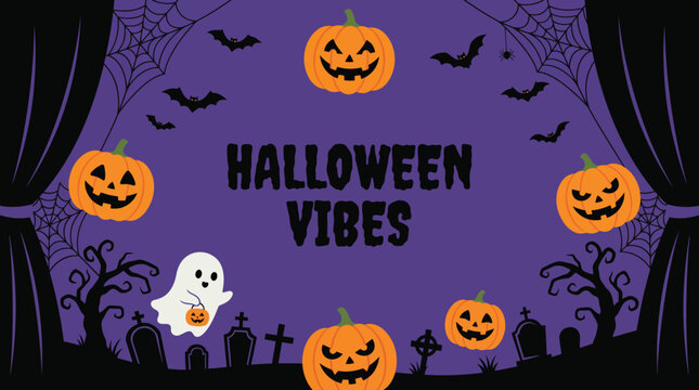 A festive purple halloween background featuring spooky jack o lanterns a cute ghost and bats for holiday party decoration designs