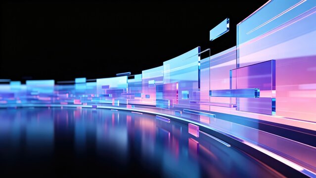 Futuristic transparent glass panels with glowing blue and pink reflections, idea for digital technology, data communication, virtual interface and modern abstract banner background