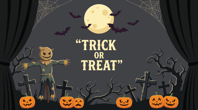 A spooky halloween background featuring a graveyard with a scarecrow pumpkins a full moon and trick or treat text design
