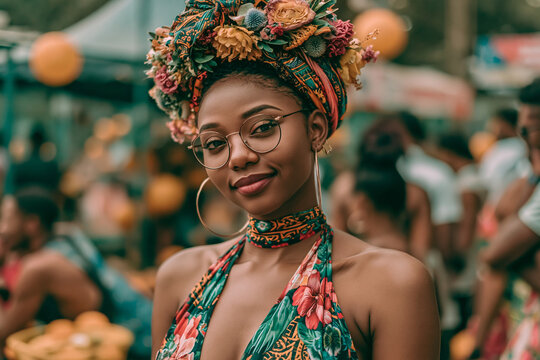 Young woman wearing floral head wrap and glasses at outdoor festival with floral headwrap