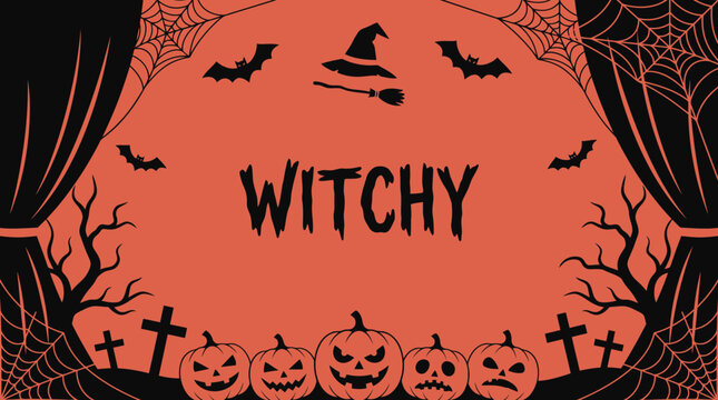 A spooky halloween background featuring the word witchy surrounded by pumpkins bats a witch hat and creepy dark forest silhouettes