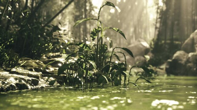 Lush marsh plants emerging from water with soft golden backlight, clustered stems and glossy leaves, mossy stones at edge, intimate calm mood