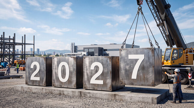A construction crane hoisting a metal cube bearing the number 7 to complete the inscription of the year 2027 at a construction site. New Year concept.