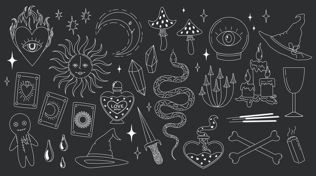 Set of white line art witchy esoteric symbols including tarot, potions, mushrooms and moon on dark background. Flat vector illustration