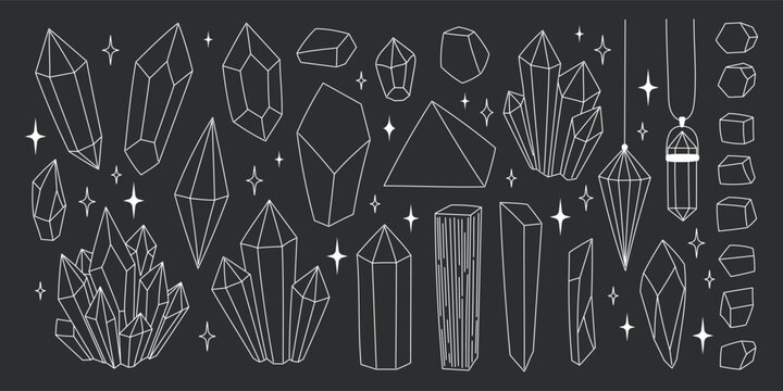 Set of white line art crystals and gemstones on dark background, mystic esoteric icons collection. Flat vector illustration
